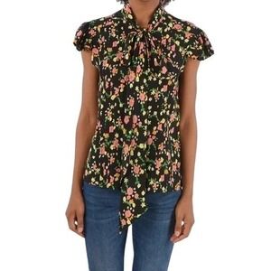 Marc Jacobs The Bow Blouse Womens 14 Black Floral 100% Silk Tie Neck Cap Sleeve